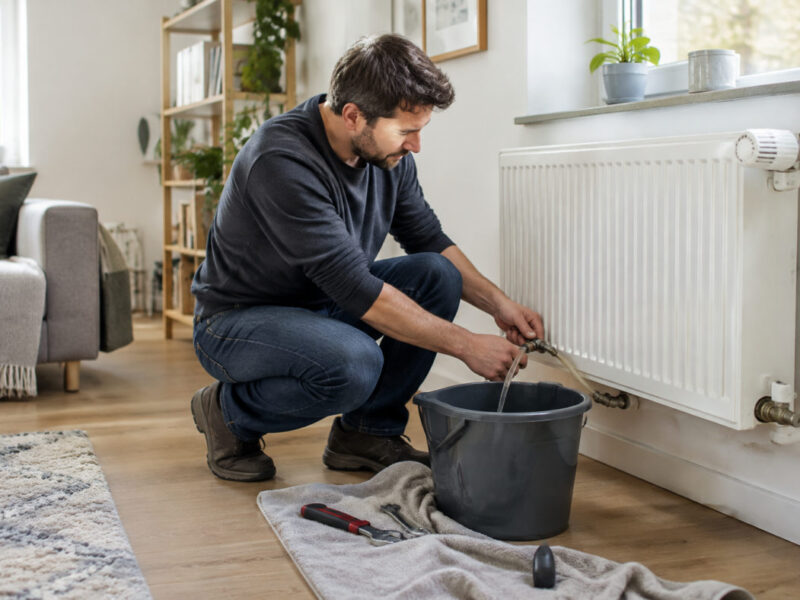 Personne vidangeant l'eau boueuse dans un seau pour désembouer un radiateur