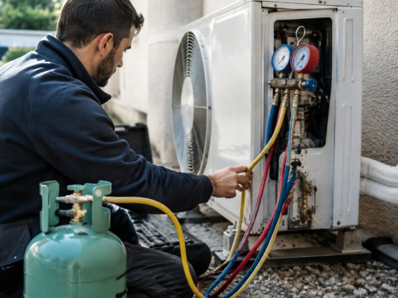 Technicien frigoriste réalisant une recharge gaz clim réversible avec manomètres sur l'unité extérieure