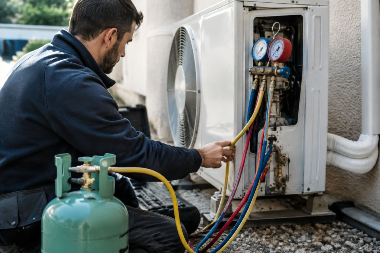 Technicien frigoriste réalisant une recharge gaz clim réversible avec manomètres sur l'unité extérieure